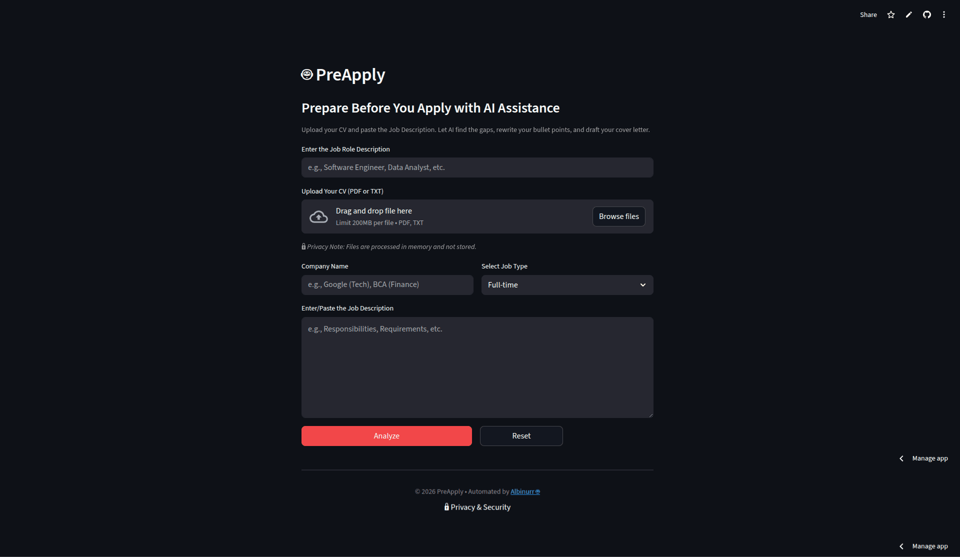 Screenshot of PreApply — AI Job & Resume Analyzer